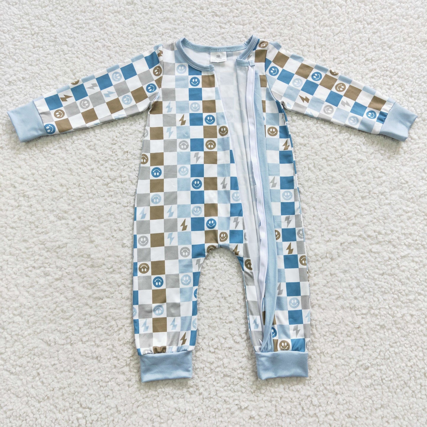 LR0313 Baby Kids Newborn Long Sleeves Zipper Smile Checkered Romper