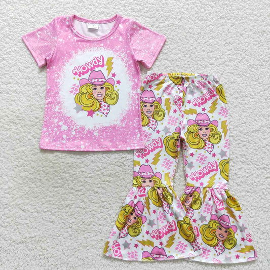 GSPO0801 Baby Girl Western Howdy Short Sleeves Doll SHIRT Bell Pants Pink Outfit