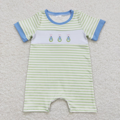 Baby Boy Easter Short Sleeves Embroidery Rabbits Stripes One Piece Romper