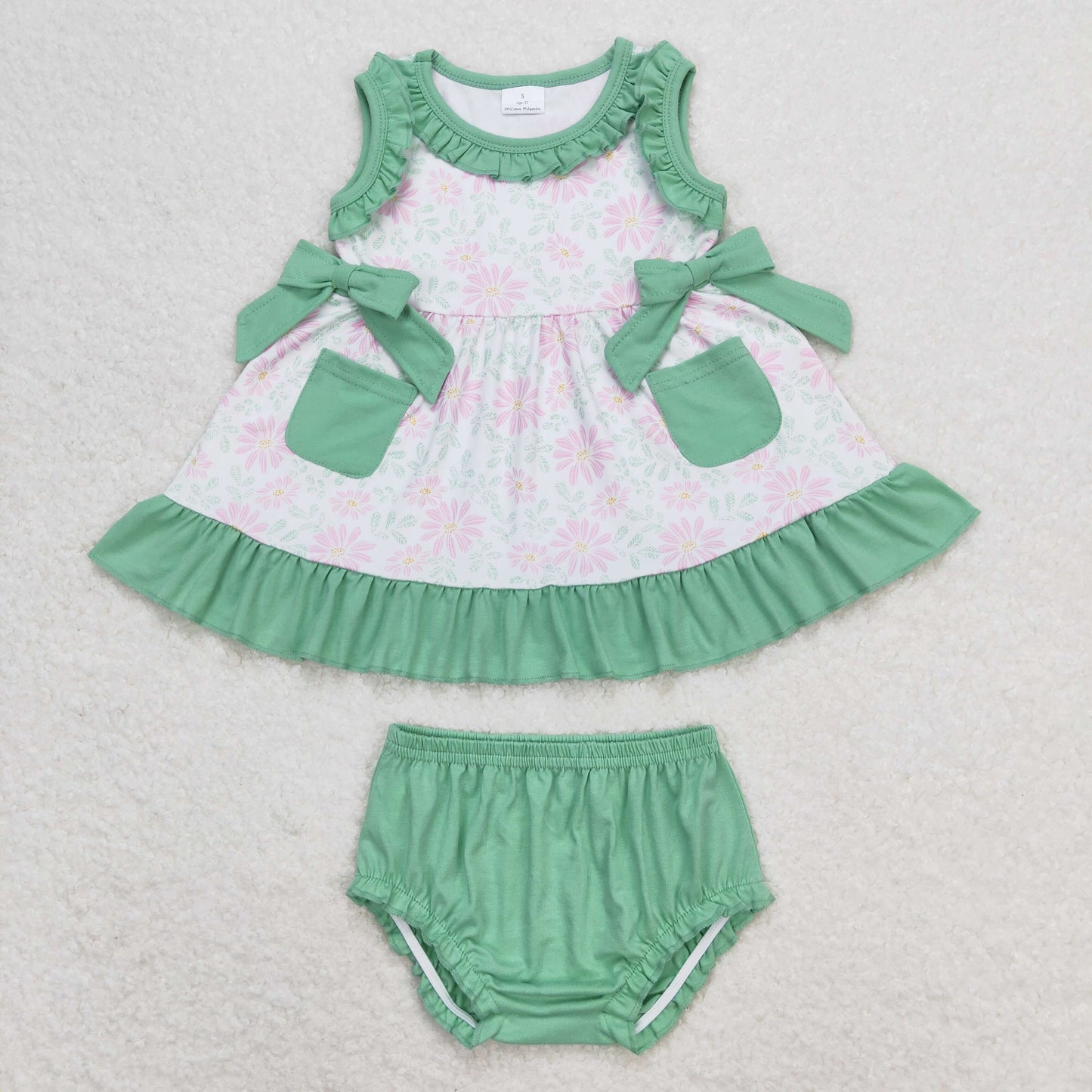 Baby Girl Sleeveless Floral Pocket Tunic Green Bummies Shorts Set