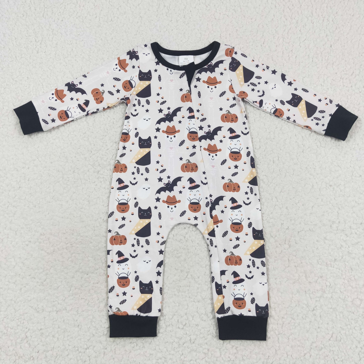 LR0554 Baby Boy Halloween Long Sleeves Ghost Pumpkin One Piece Zipper Romper