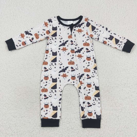 LR0554 Baby Boy Halloween Long Sleeves Ghost Pumpkin One Piece Zipper Romper