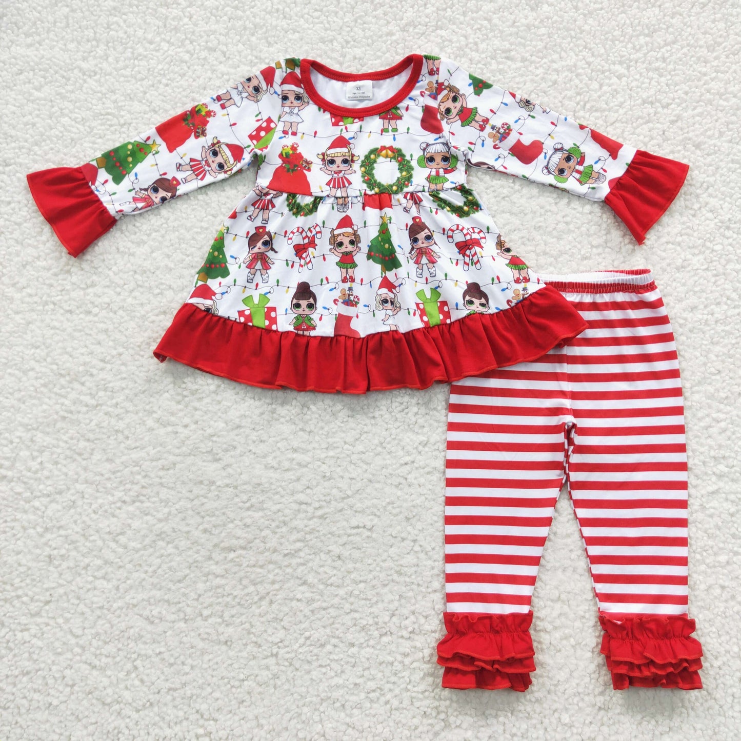 6 A27-1 Baby Girl Christmas Long Sleeves Tunic Red Striped Pants Outfit