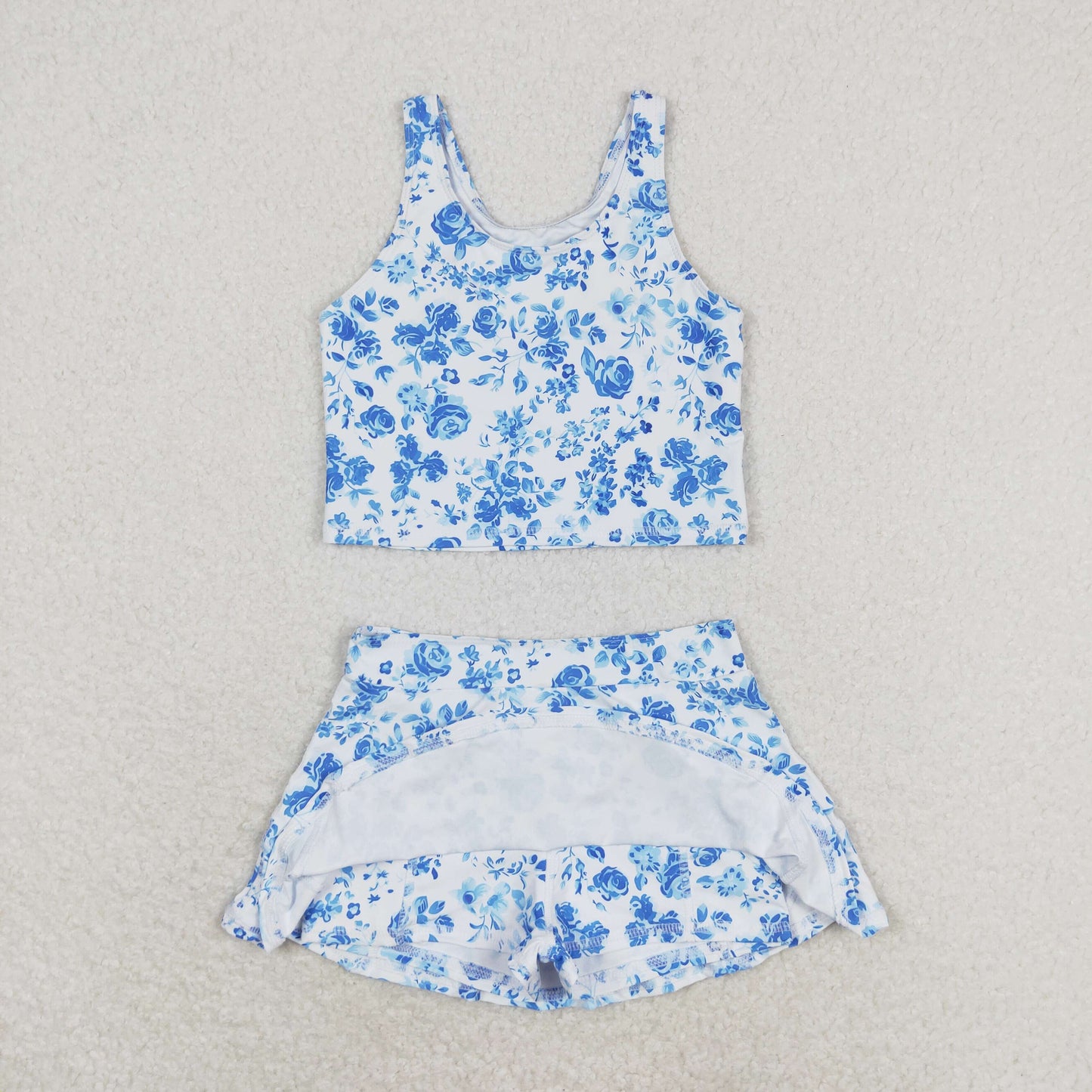 Baby Girl Sleeveless Blue Floral Skirt Shorts Set Swimsuit