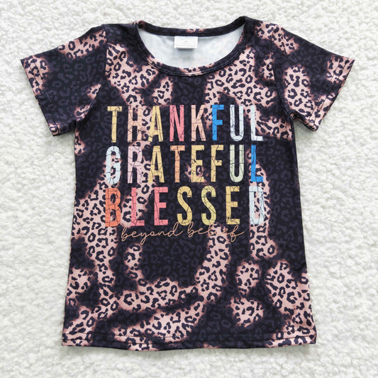 GT0193 Baby Kids Summer Short Sleeves Leoprad Thankful Top Shirt