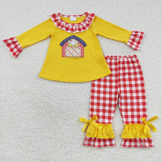 GLP0492 Baby Girl Long Sleeves Tunic Red Plaid Pants Embroidery Farm Chicken Outfit Pajamas Striped Ruffle Pants Outfit