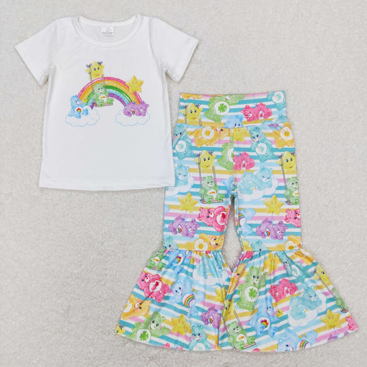 GSPO1189 Baby Girl Short Sleeves Rainbow Bears Shirt Stripes Bell Pants Set