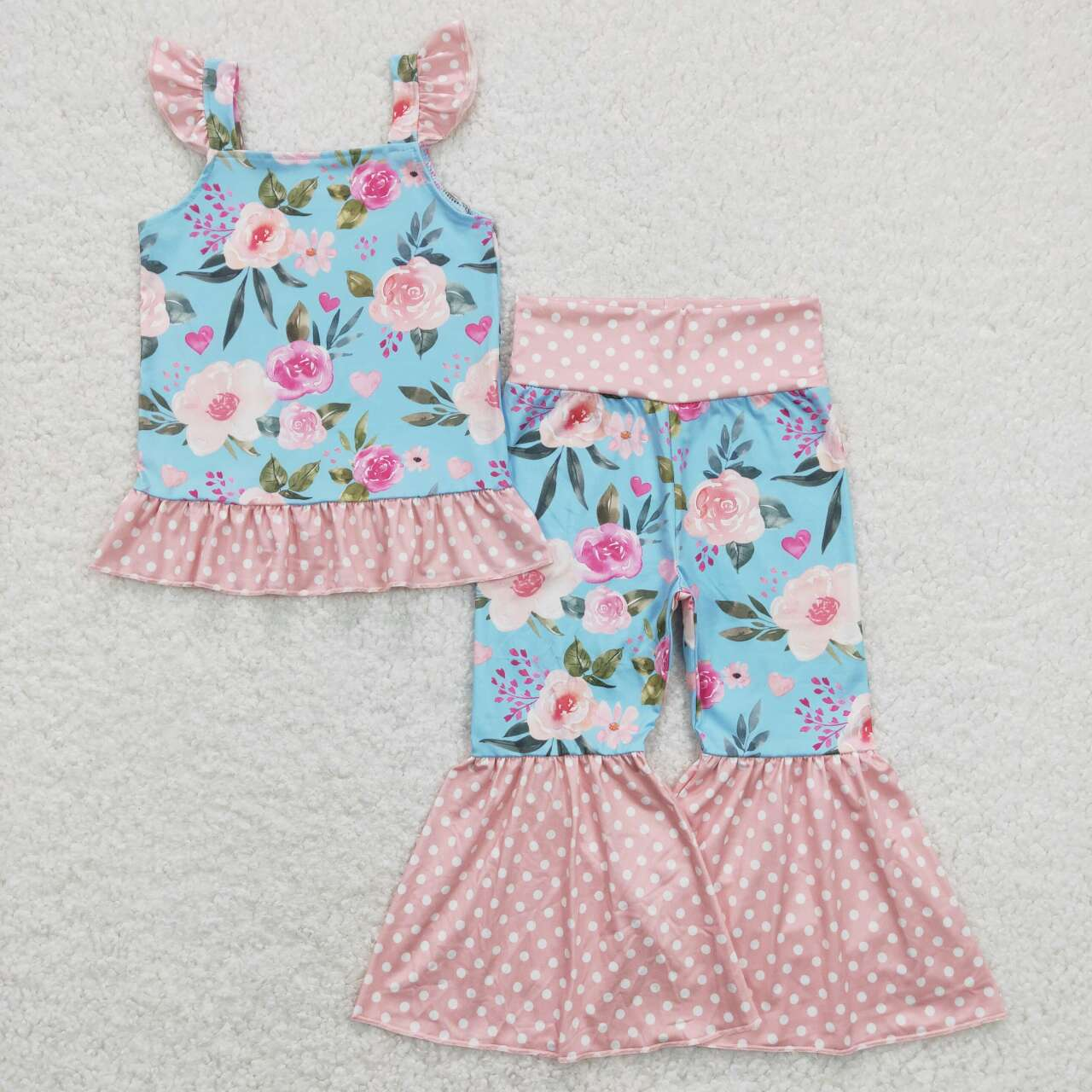 GSPO1163 Baby Girl Floral Hearts Tops Bell Pants Set