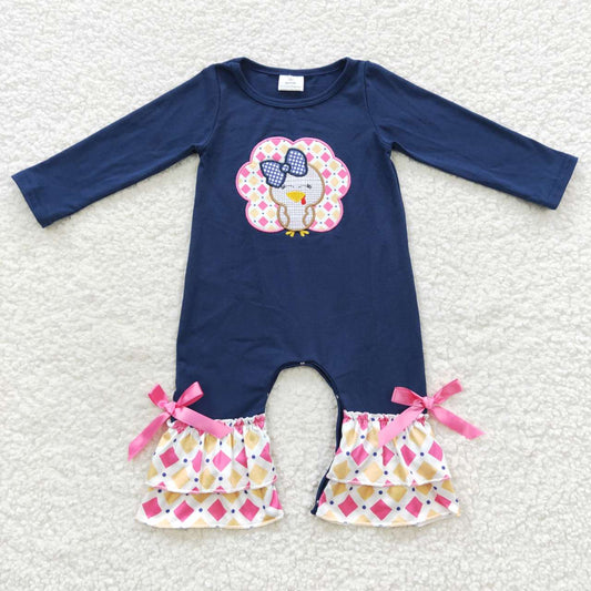 LR0326 Thanksgiving Baby Girl Long Sleeves Embroidery turkey One Piece Romper