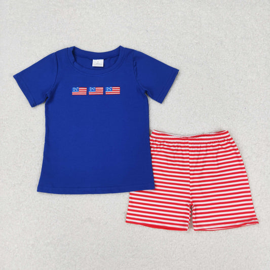 Baby Boy Short Sleeves Embroidery Flags Blue Shirt Red Stripes Shorts Set