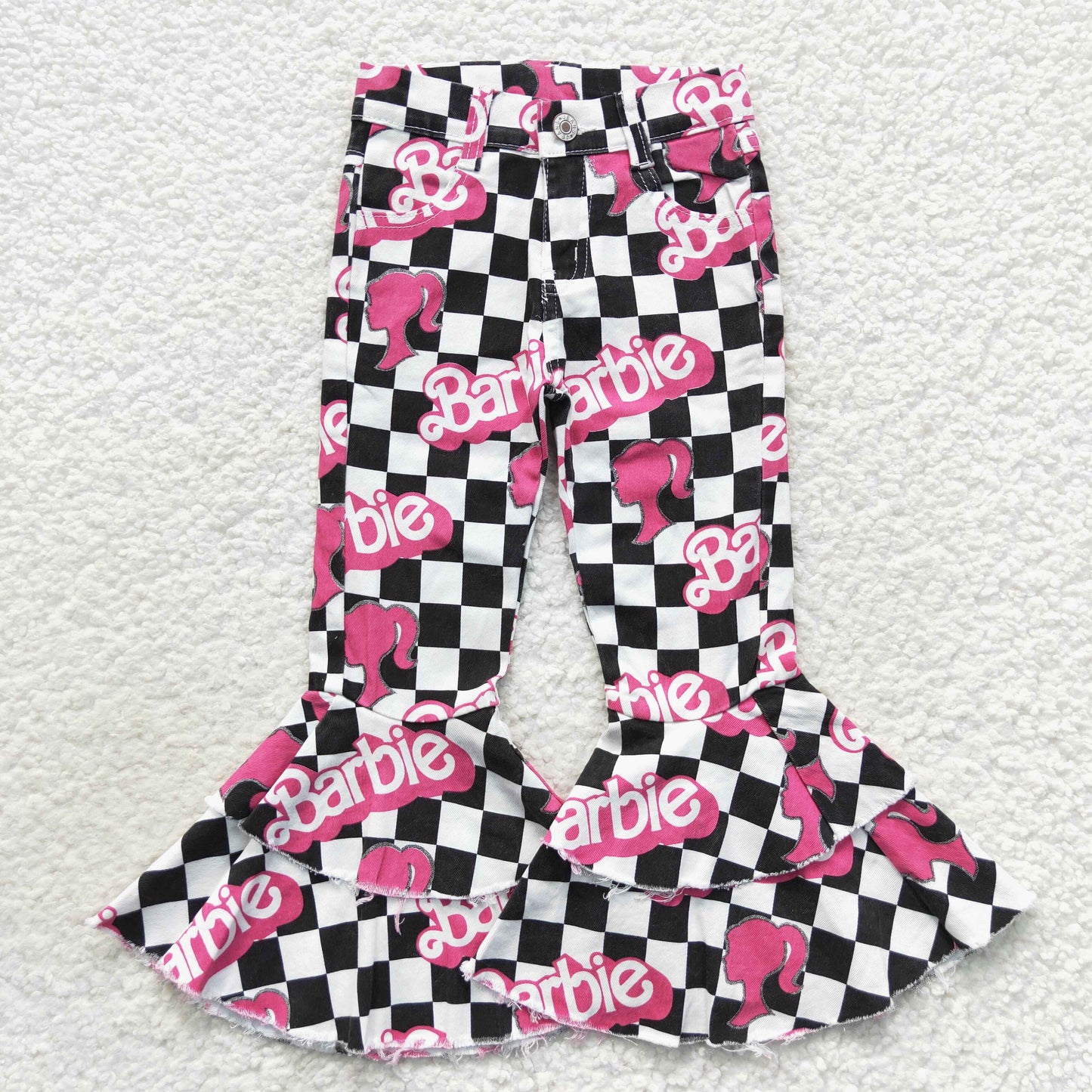 P0243 Baby Girl Doll Checkered Denim Jeans Bell Pants