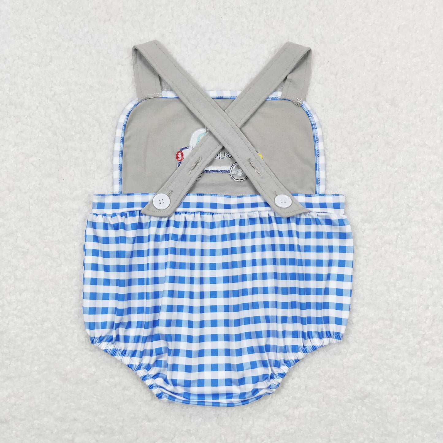 Baby Boy Embroidery Police Blue Plaid Bubble One Piece Summer Romper