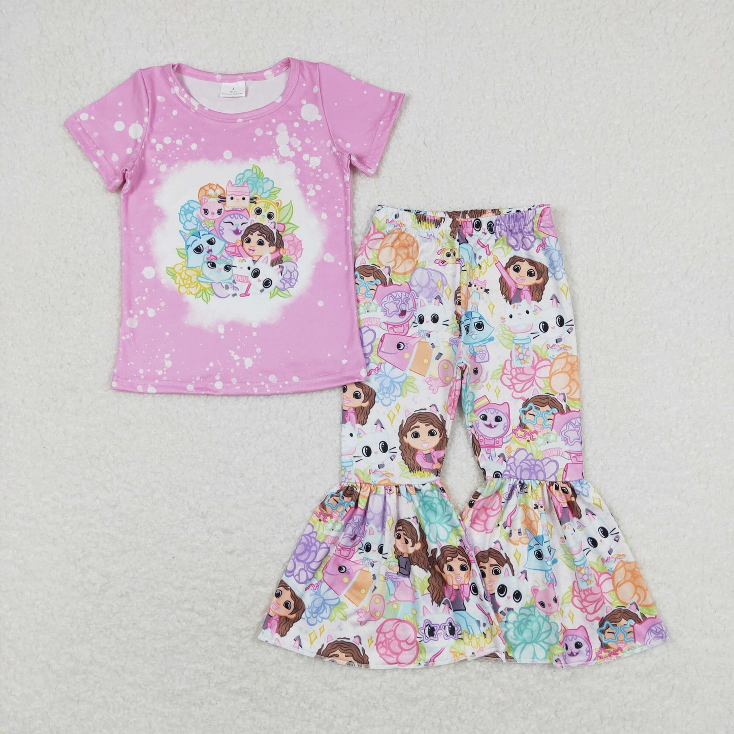 Baby Girl Short Sleeves Cats Shirt Floral Bell Pants Cartoon Set