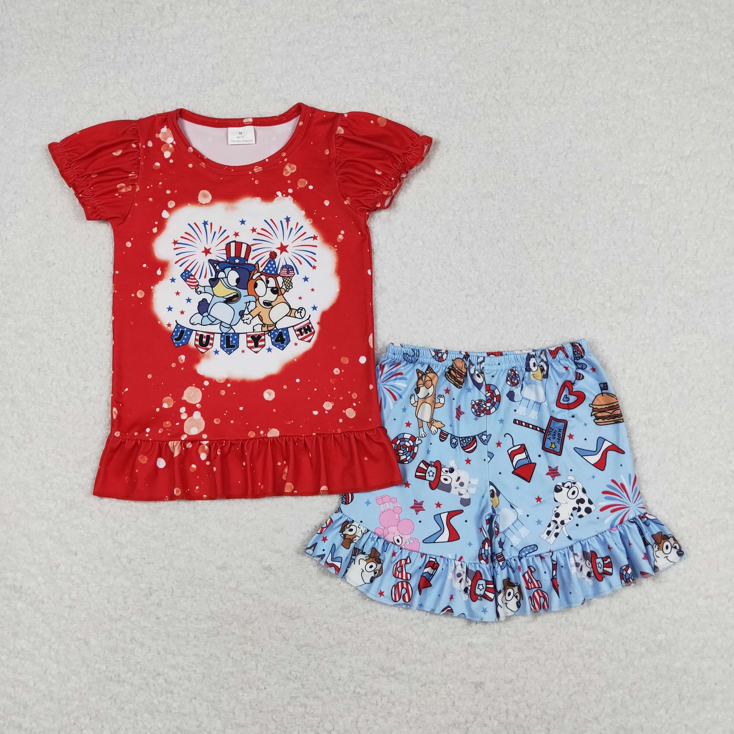 Baby Girl Red Short Sleeves July 4th Dogs Shirt Blue Shorts Set