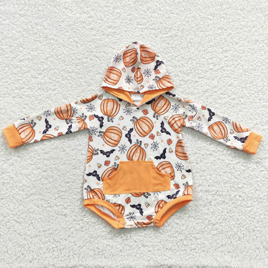 LR0273 Halloween Baby Kids Long Sleeves Hoodie Pumpkin Pocket Romper