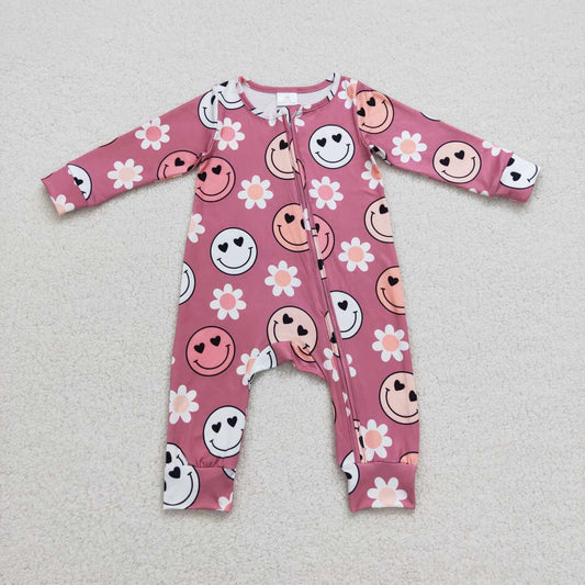 LR0649 Baby Girl Long Sleeves Smile Flower Zipper One Piece Romper