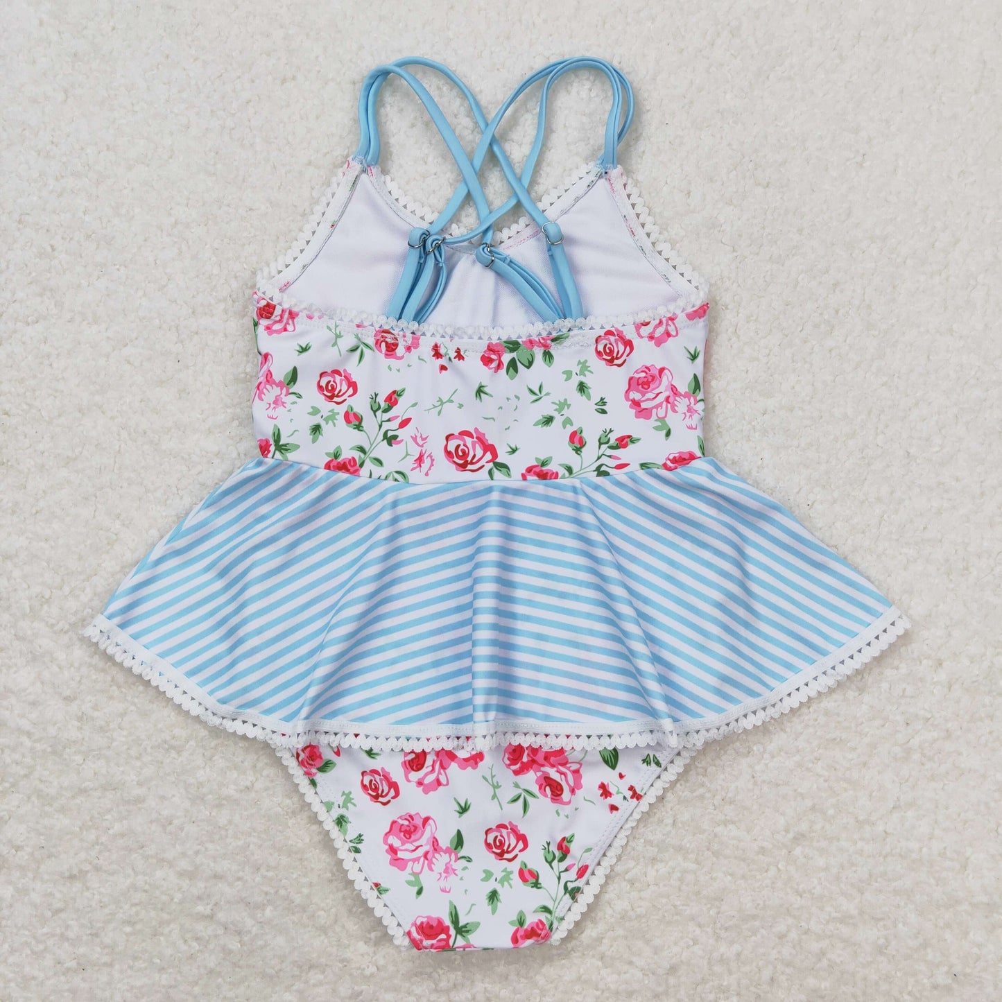 Baby Girl Sleeveless Floral Stripes One Piece Swimsuit