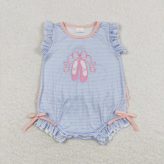 Baby Girl Short Sleeves Embroidery Shoes Stripes Ruffle Bubble One Piece Romper