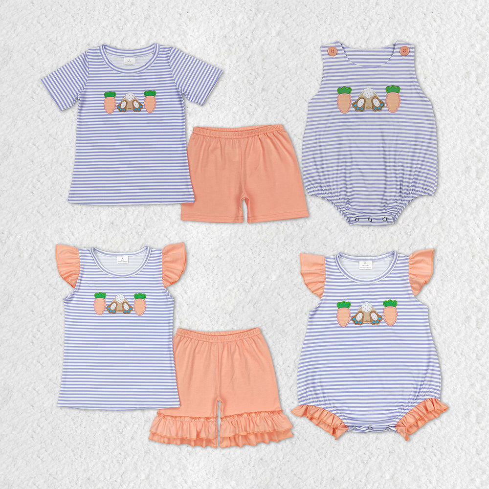 Baby Boy Girl Embroidery Rabbits Carrots Stripes Sibling Romper Clothes Set