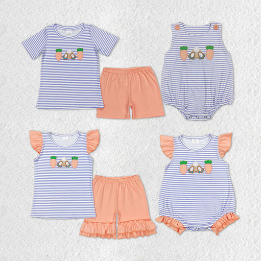 Baby Boy Girl Embroidery Rabbits Carrots Stripes Sibling Romper Clothes Set