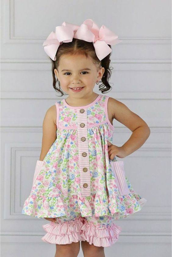 Moq 3 Pre-order GSSO0569 Baby Girl Floral Pocket Tunic Ruffle Shorts Summer Set