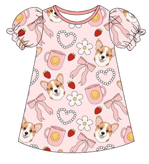 Baby Girl Strawberry Flower Bows Dog Sibling Matching Dress Romper Clothes Set ( Moq 5 Each style )