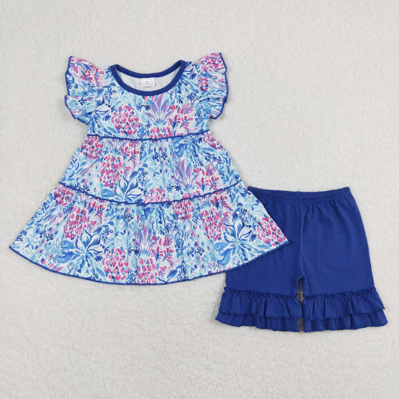 Baby Girl Short Sleeves Floral Tunic Blue Ruffle Cotton Shorts Summer Set