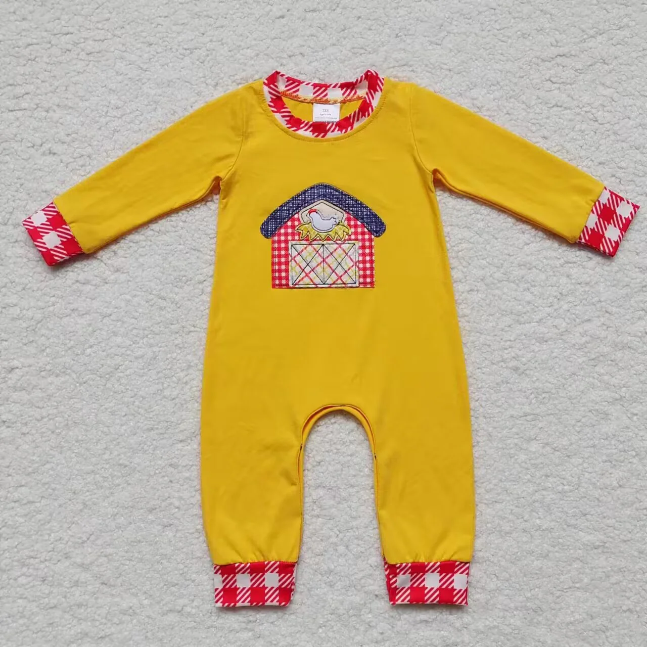 Promotion Baby Boy Long Sleeves Shirt Red Plaid Pants Embroidery Farm Chicken Outfit Pajamas Striped Ruffle Pants Outfit