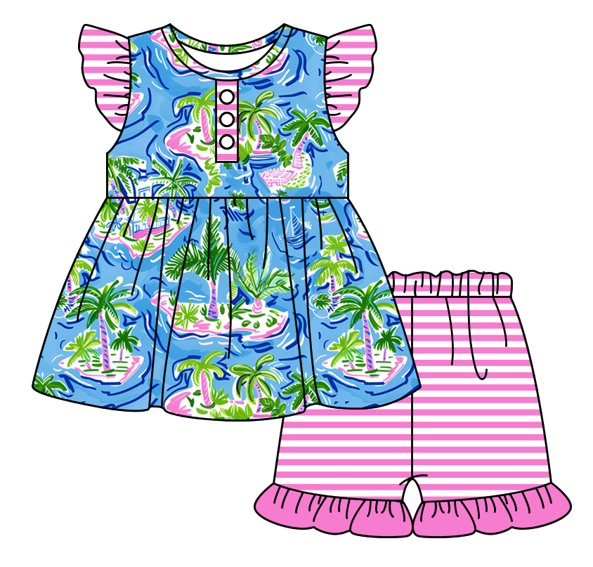 Baby Girl Short Sleeves Tree Stripes Sibling Romper Dress Clothes Set ( Moq 5 Each Design )