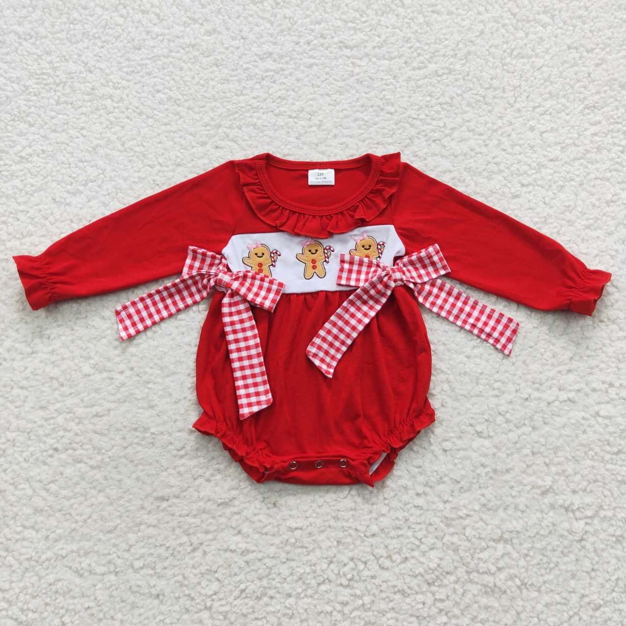 LR0393 Baby Girl Long Sleeves One Piece Christmas Embroidery Gingerbread Red Romper