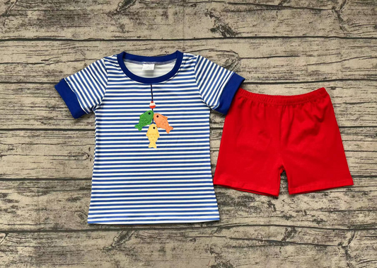 No moq Pre-order Baby Boy Short Sleeves Embroidery Fishing Stripes Shirt Red Cotton Shorts Summer Set