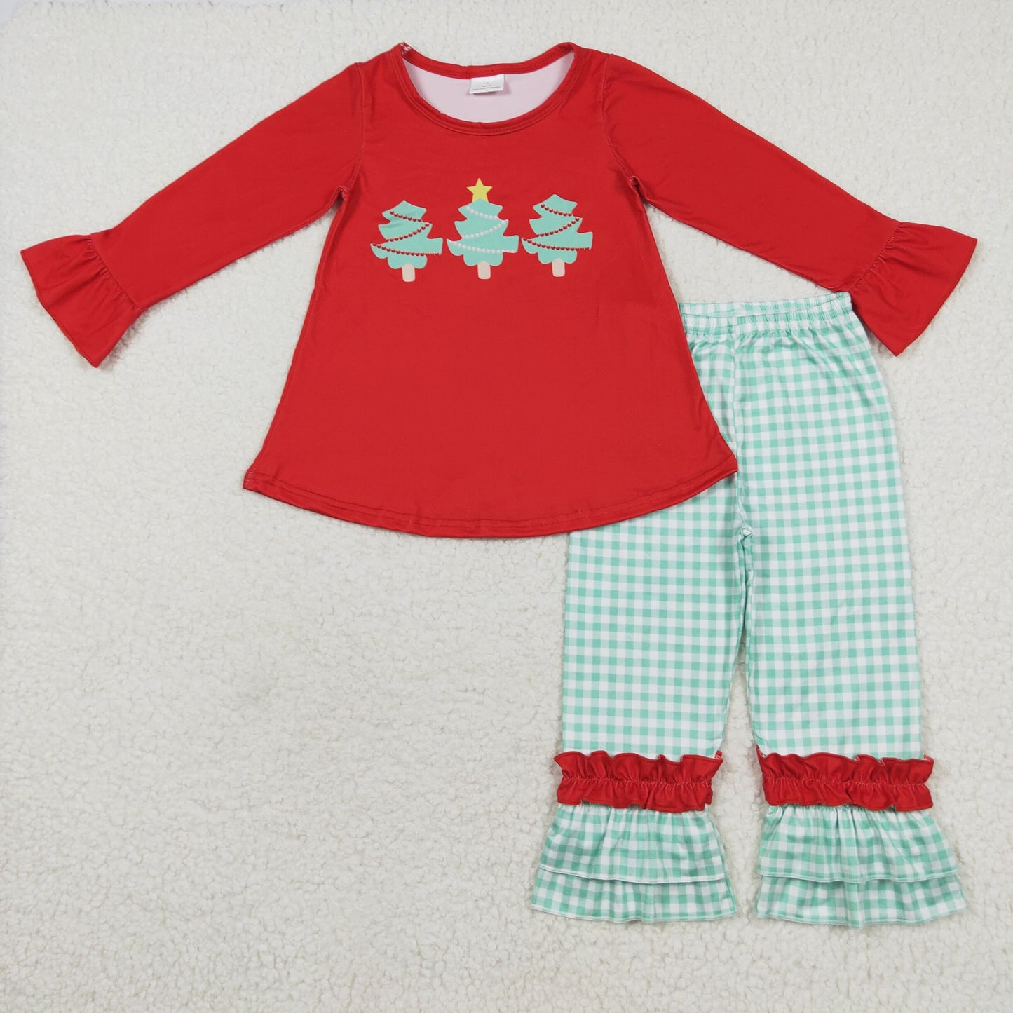 Baby Girl Red Long Sleeves Christmas Tree Tunic Green Plaid Pants Set