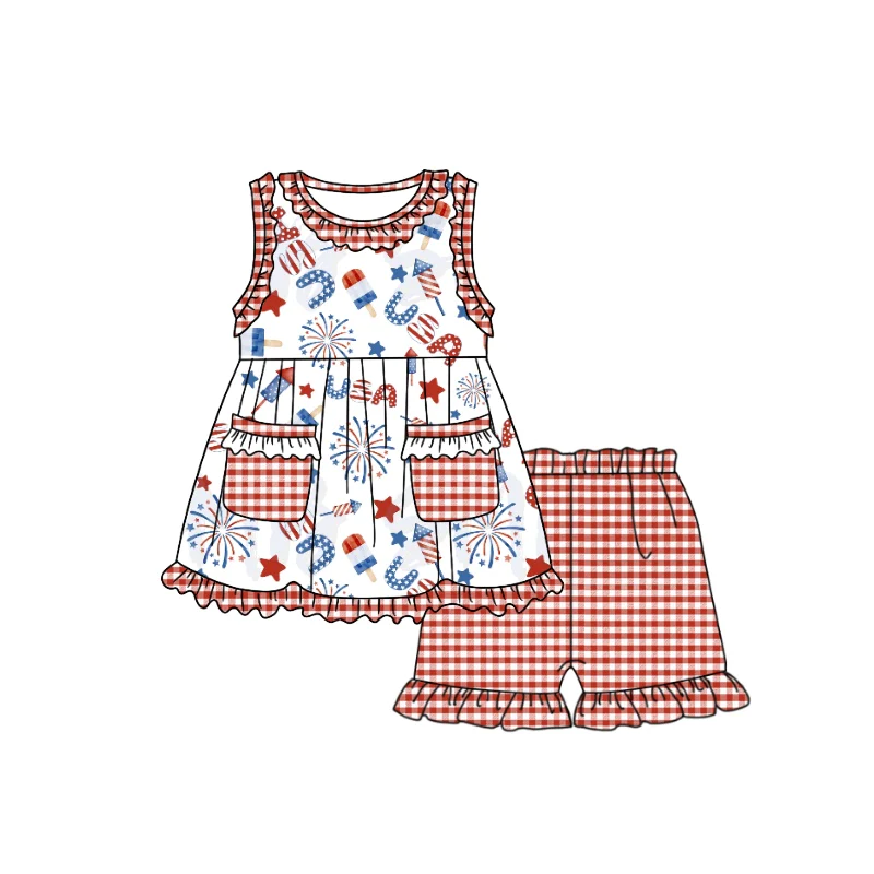 Moq 3 Pre-order GSSO0929 Baby Girl July 4th Pocket Tops Plaid Shorts Set