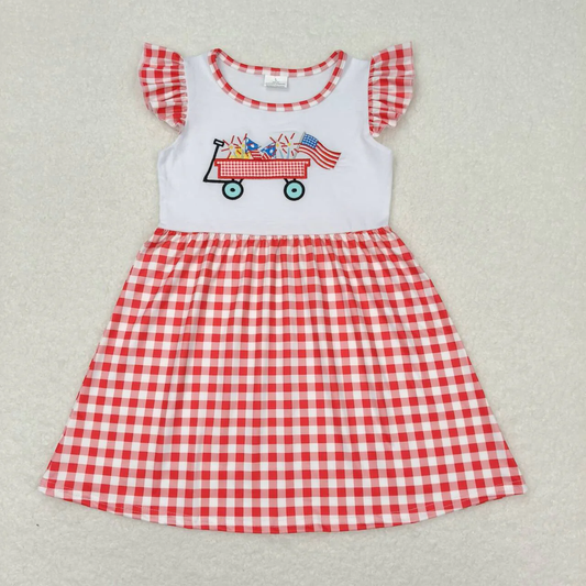 Baby Girl Short Sleeves Embroidery Flag Red Plaid July 4th Dress