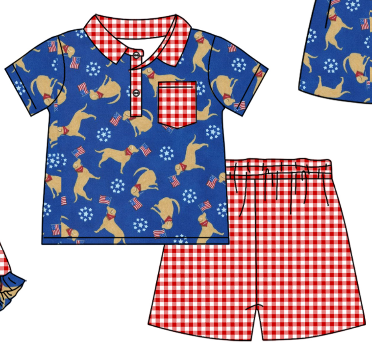 Baby Boy Girl July 4th Dog Sibling Matching Green Dress Romper Clothes Set ( Moq 5 Each style )