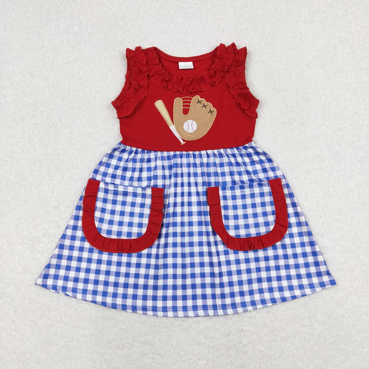 Baby Girl Sleeveless Embroidery Baseball Summer Pocket Blue Plaid Dress