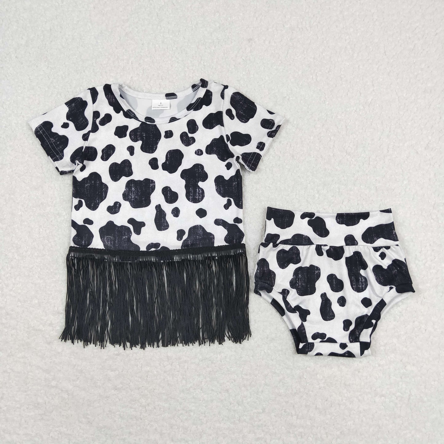 Baby Girl Short Sleeves Cow Print Bummie Tassels Set