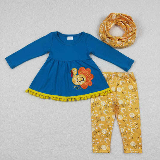 GLP0720 Baby Girl Thanksgiving Long Sleeves Embroidery turkey Tunic Floral Pants Outfit