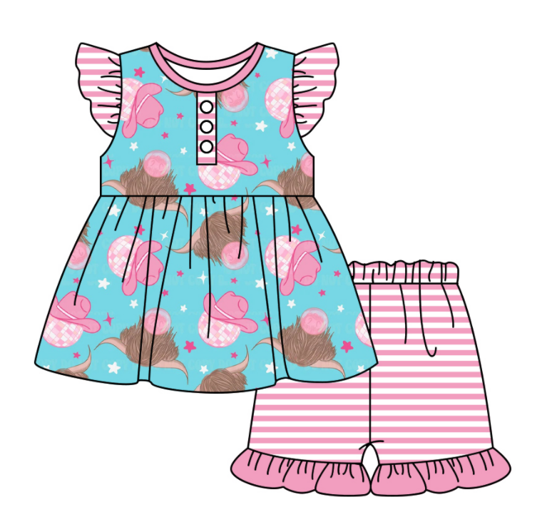 Baby Girl Short Sleeves Western Cow Sibling Romper Dress Clothes Set ( Moq 5 Each Design )