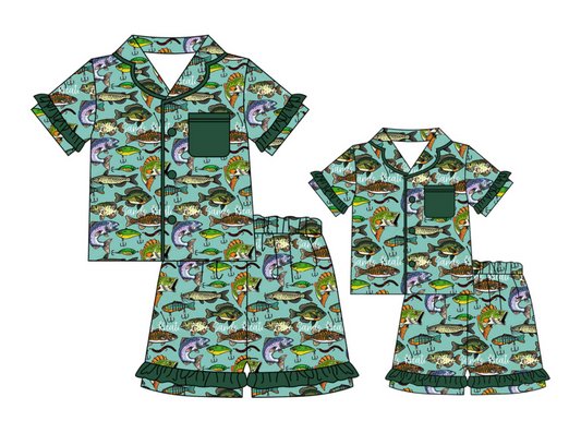 Baby Girl Toddler Adult Women Short Sleeves Fishing Shorts Sibling Family Shorts Pajamas Set ( Moq 5 Each Style )11.26