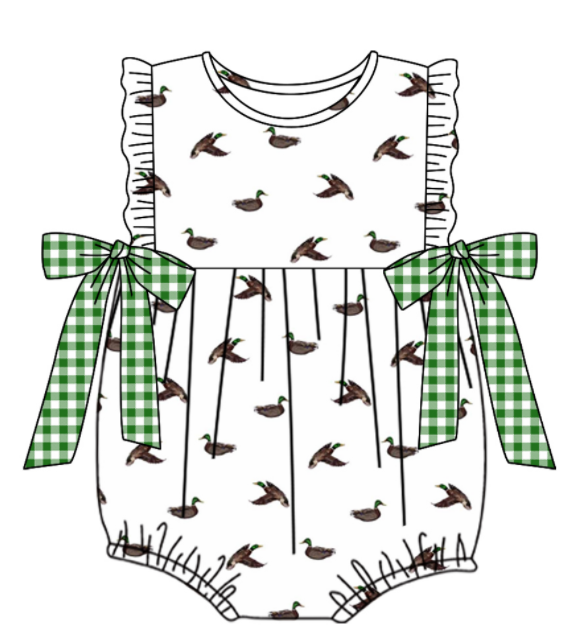 Baby Boy Girl Ducks Bows Sibling Matching Green Dress Romper Clothes Set ( Moq 5 Each style )