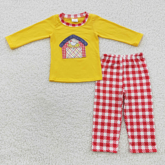 Promotion Baby Boy Long Sleeves Shirt Red Plaid Pants Embroidery Farm Chicken Outfit Pajamas Striped Ruffle Pants Outfit