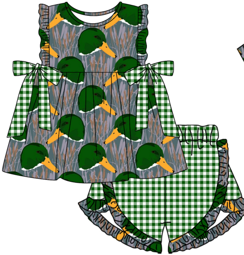 Baby Boy Girl Ducks Plaid Sibling Matching Green Dress Romper Clothes Set ( Moq 5 Each style )