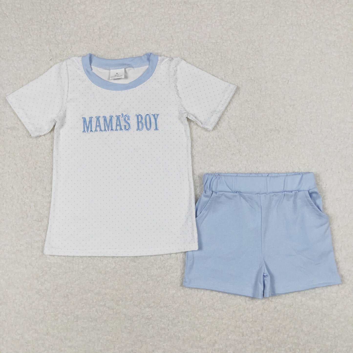 Baby Kids Short Sleeves Embroidery Mama's Boy Shirt Blue Pocket Shorts Set