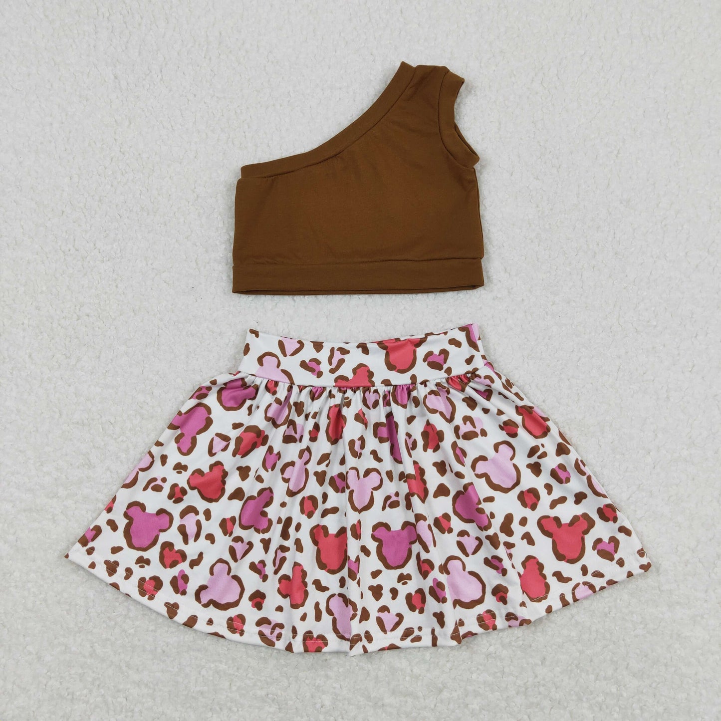 Baby Girl One Shoulder Brown Tops Mouse Skirt Set