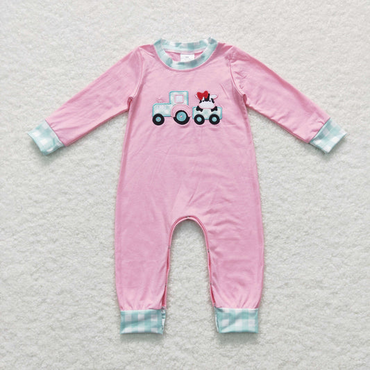 LR0376 Baby Girl Pink Long Sleeves One Piece Embroidery Tractor Cow Romper