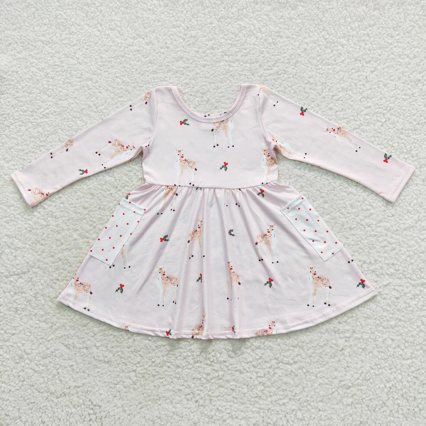 GLD0368 Christmas Deer Baby Girl Pink Long Sleeves Dress