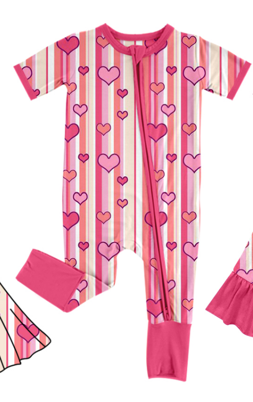 Baby Girl Valentine Hearts Stripes Sibling Romper Dress Clothes Set