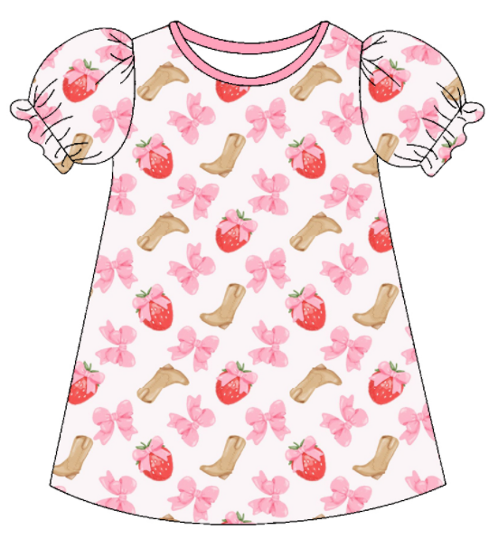 Baby Girl Strawberry Bows Boots Sibling Matching Dress Romper Pink Clothes Set ( Moq 5 Each style )