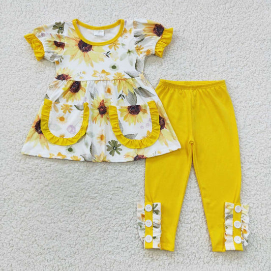 GSPO0755 Baby Girl Short Sleeves Sunflower Pocket Tunic Pants Floral Outfit